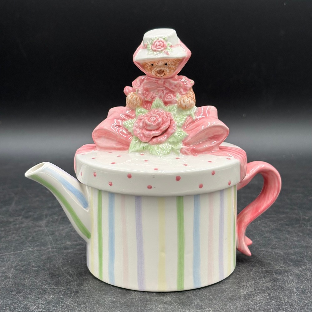 Mary's Moo Moos Enesco Teddy Bear Gift Box Decorative Teapot Pastel Stripes